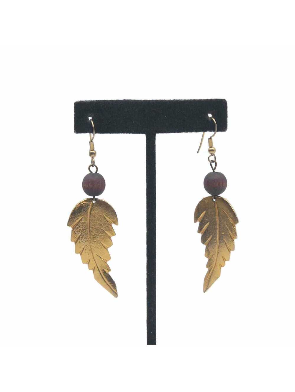 Dangling Leaf Earrings, Vintage Gold Tone and Wood Bead Leaf Dangle Earrings.
